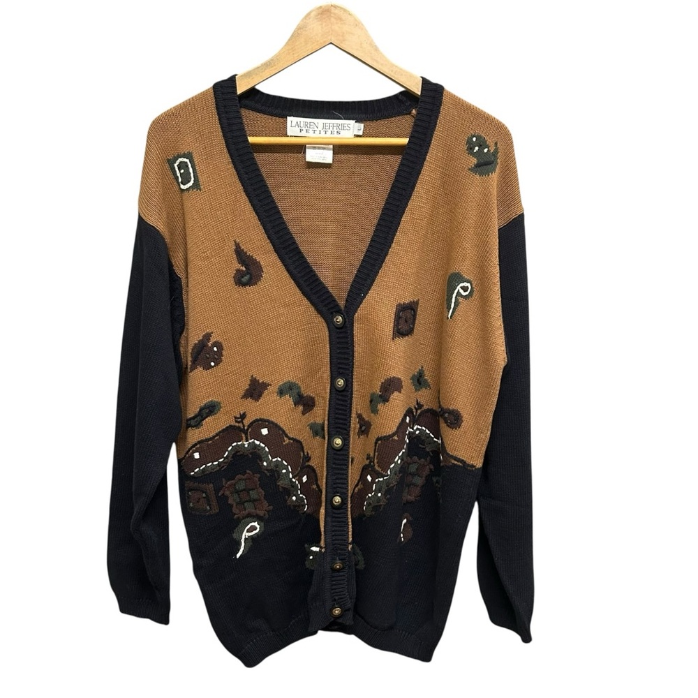 Vintage Lauren Jeffries Brown Black Graphic Cotton Cardigan Size L